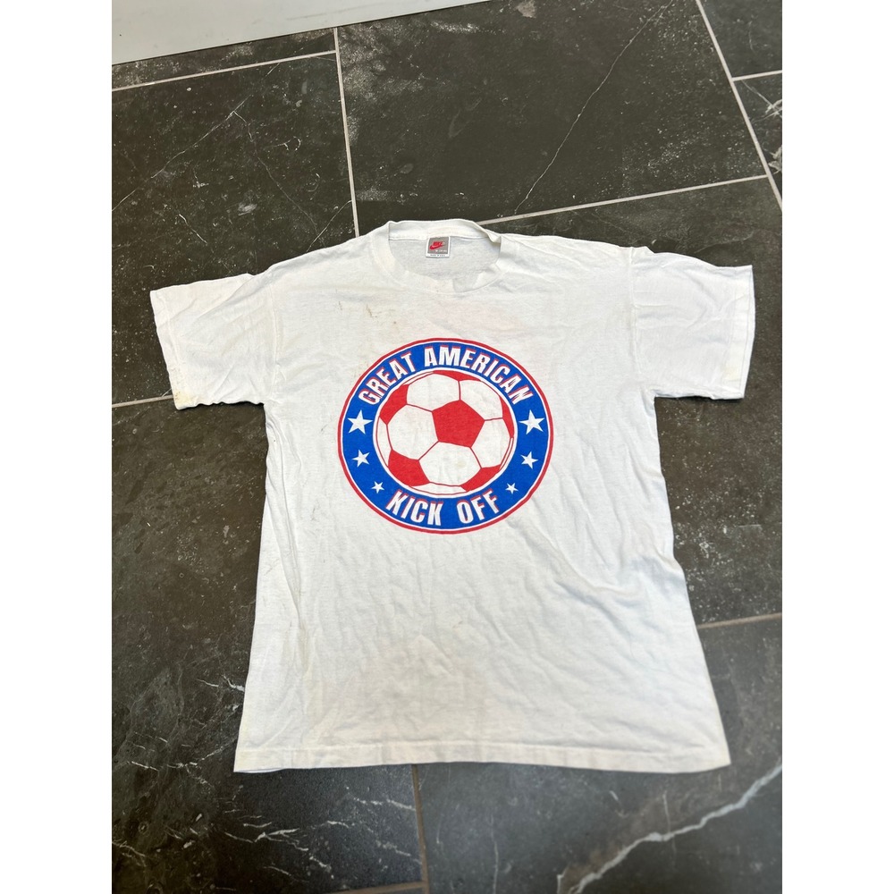 Vintage 90s Nike Soccer Great American Kick Off T-Shirt White Made in USA Medium